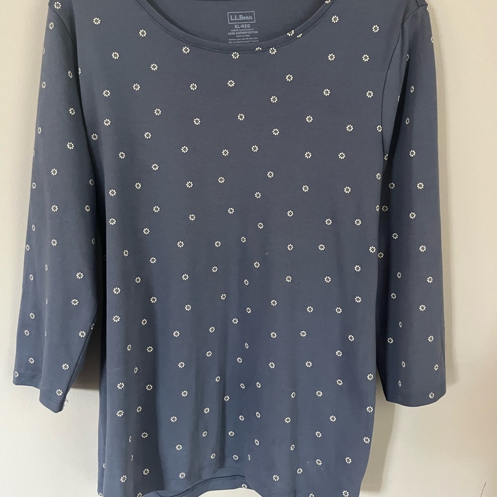 L.L. Bean Women's Blue Top with White Floral Pattern